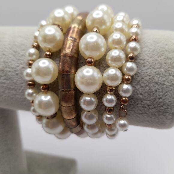 Vintage Memory Wire Faux Pearl Wide Brass Bead Bracelet, 44 Inches - Picture 9 of 10